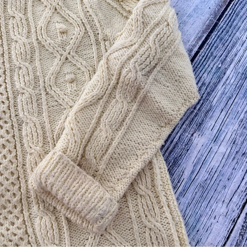 Hand Knit Cream Fisherman Cable Knit Wool Sweater